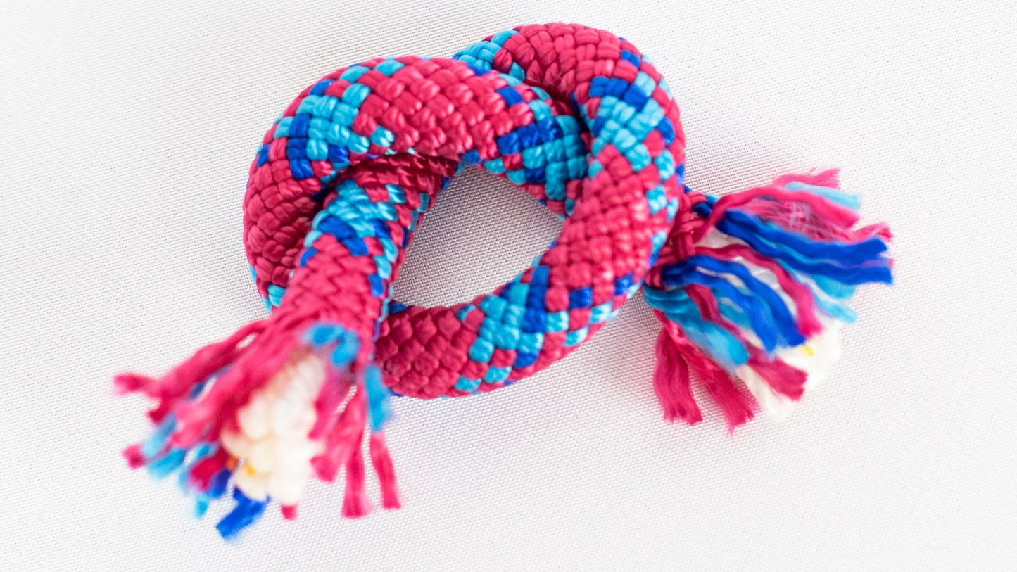 Pink and blue knotted rope on a white background