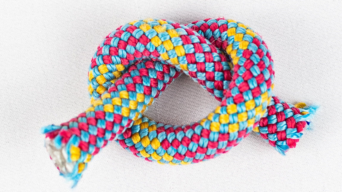 Colorful braided rope toy on a white background
