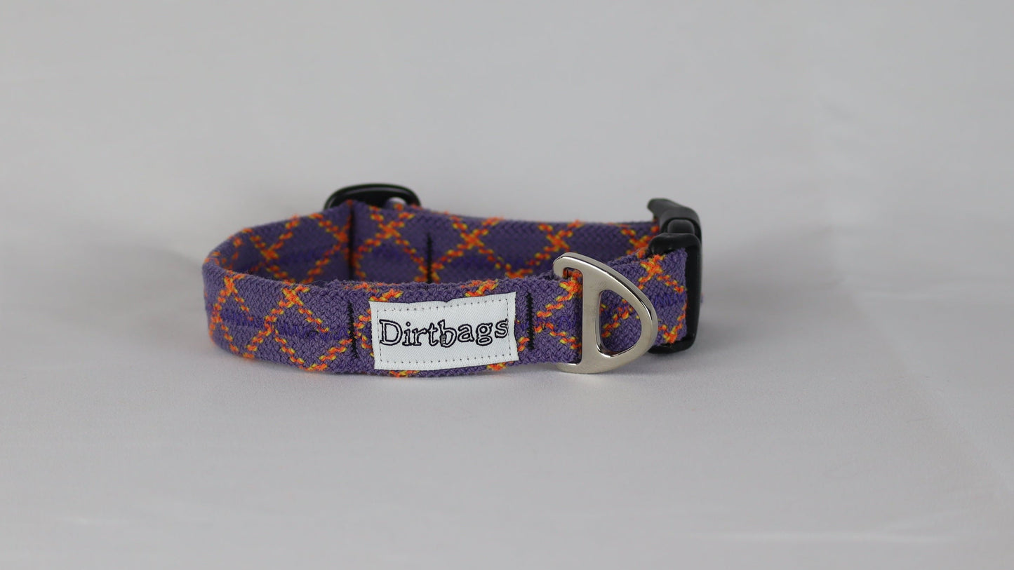 Dog collar with patterned design and visible brand label on a gray background