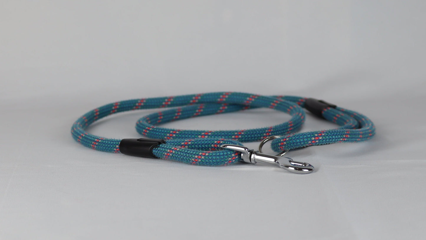 Blue dog leash with a metal clip on a white background