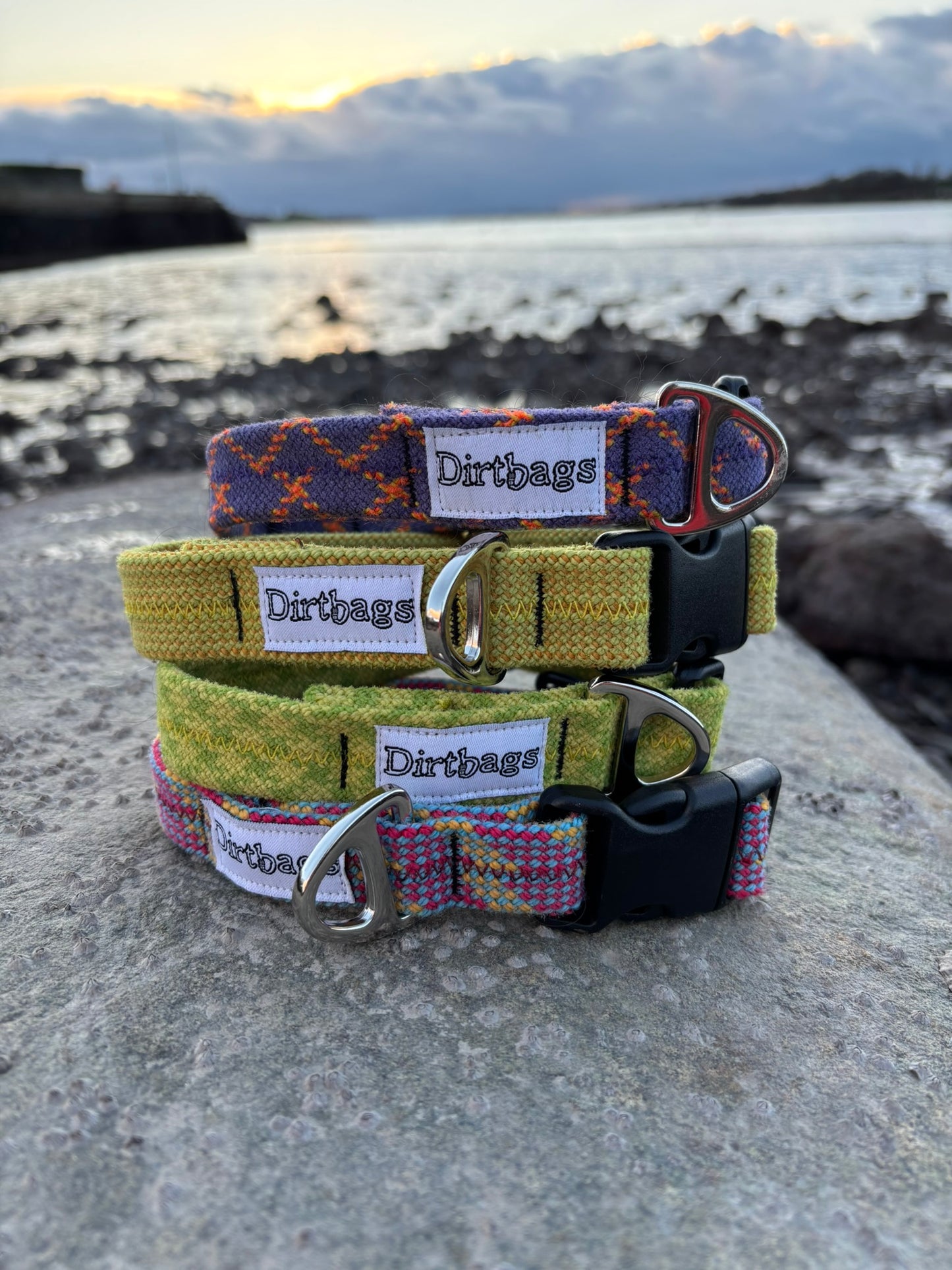 Three dog collars with 'Dirtbags' branding on a stone surface with a scenic background.
